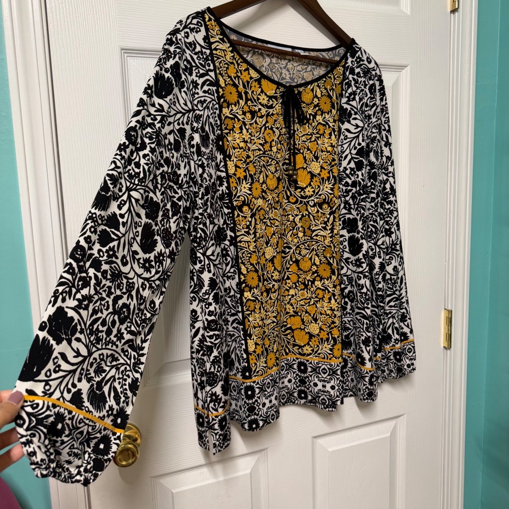 Susan Graver Tunic Top Womens 1X Floral Liquid Knit Split Neck Tie Boho Cottage - Picture 6 of 12